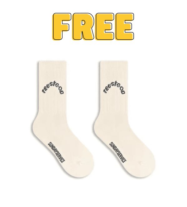 Free Kanye West merchandise socks with "freestyle" and "sundayservice" text printed on the socks, promoting Kanye West's fashion and music brand.