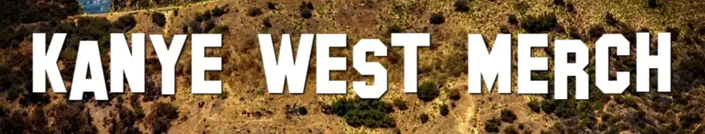Kanye west merch, trendy Kanye West merchandise collection displayed on a hillside background, promoting official fashion and apparel items related to Kanye West.