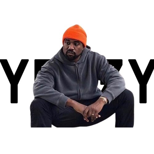 Kanye West Merch in bold black text behind a man in a gray hoodie and orange beanie, showcasing stylish streetwear apparel inspired by Kanye West.