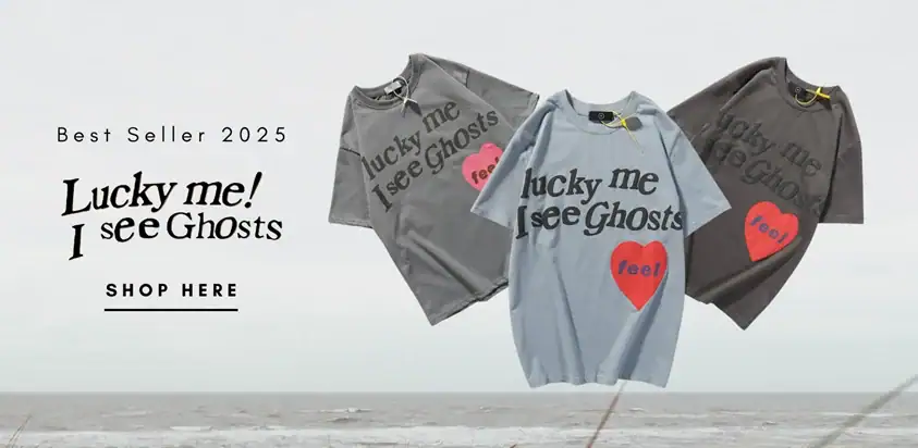 Lucky me kanye west merch t-shirts with ghost-themed graphic designs in gray, blue, and black colors, perfect for fans of Kanye West's exclusive merchandise collection.