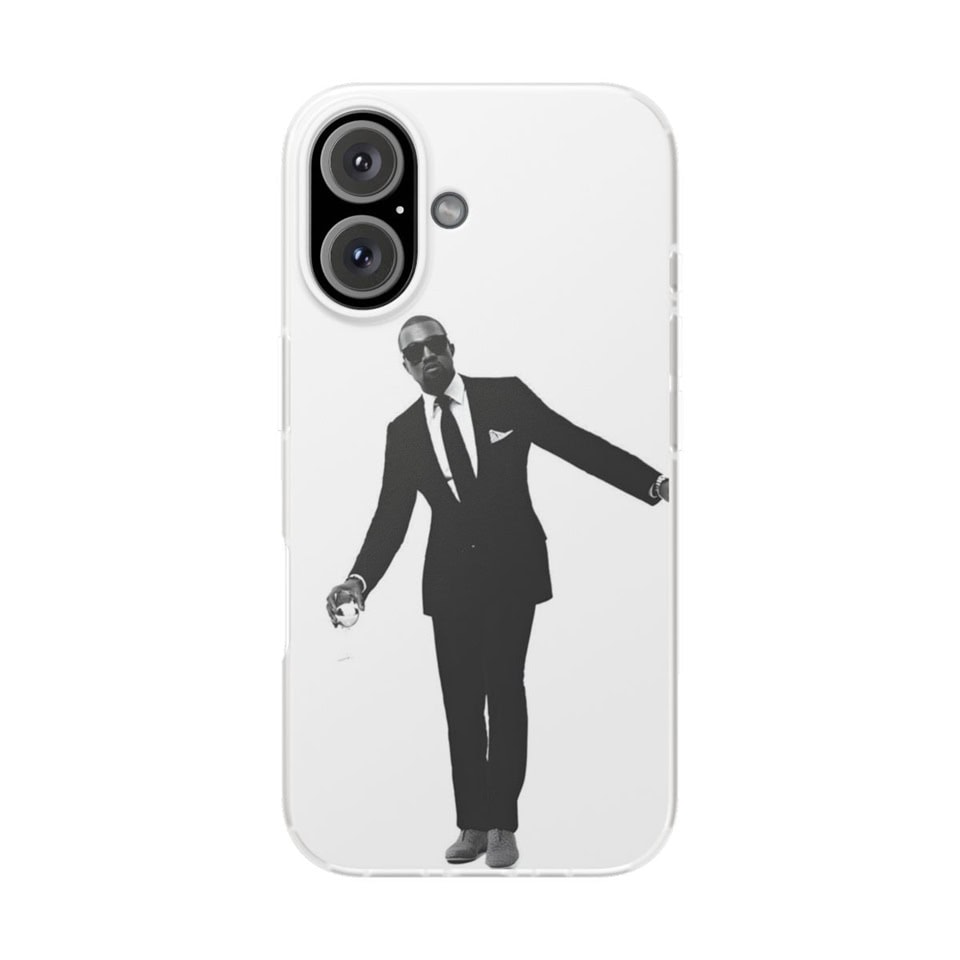 Stylish Kanye West inspired phone case featuring a black and white silhouette of Kanye in a suit, ideal for fans of Kanye West merchandise.