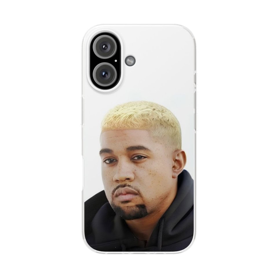 Kanye west merch phone case with image of rapper kanye west featuring bleached blonde hair and casual black hoodie design.