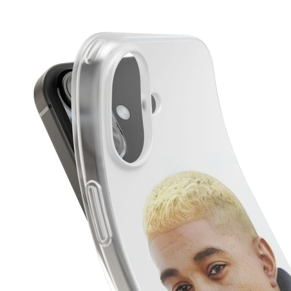 Kanye West Merch with custom phone case featuring a blonde-haired young man. Stylish and trendy, perfect for fans of Kanye West merchandise and unique phone accessories.