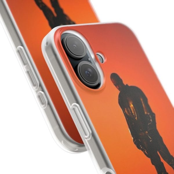 Iphone case with Kanye West merch design featuring an orange background and silhouette of Kanye West.