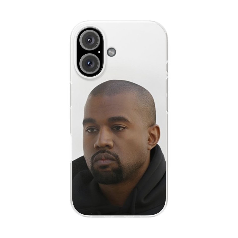 Kanye West merch phone case featuring a close-up photo of Kanye West with a serious expression, ideal for fans wanting stylish and personalized accessories.
