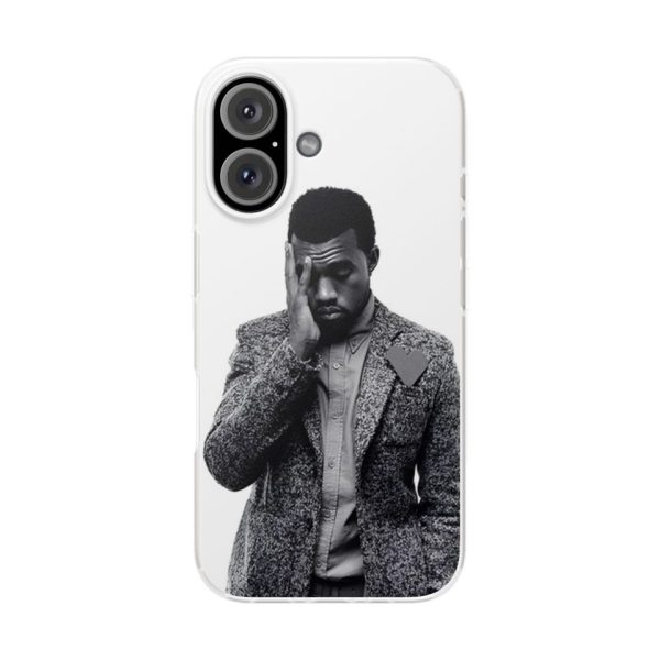 Kanye West merch phone case featuring a black and white image of Kanye West with a serious expression. Perfect for fans to showcase their support with stylish and trendy accessories.