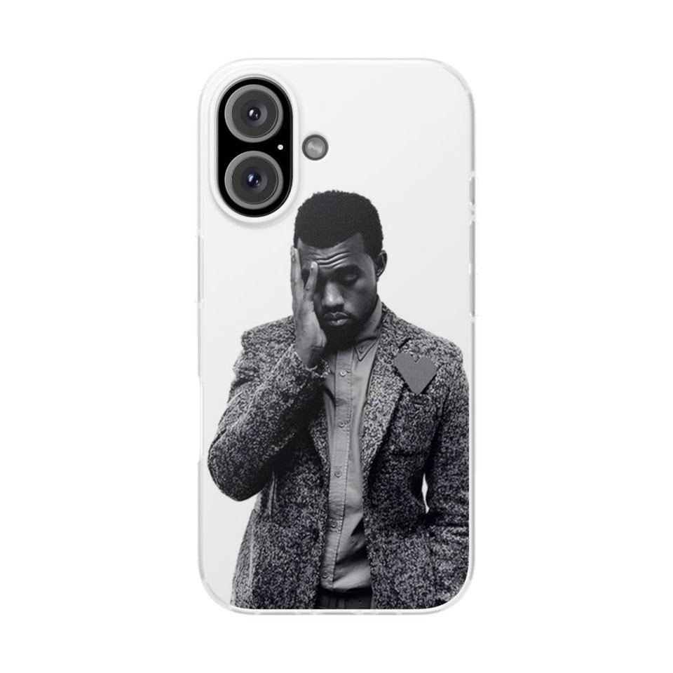 Kanye West merch phone case featuring a black and white image of Kanye West with a serious expression. Perfect for fans to showcase their support with stylish and trendy accessories.