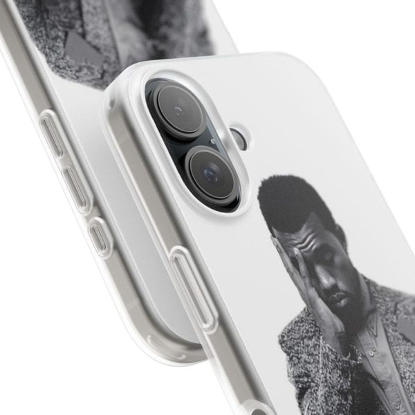 Kanye West merchandise phone case featuring a black-and-white portrait of Kanye West with hand on face. Custom phone accessory for fans of Kanye West's fashion and music.