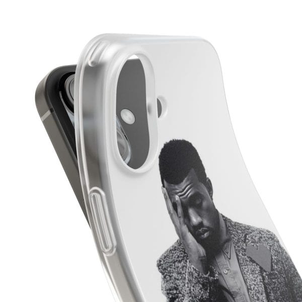 Kanye West merch phone case featuring a black and white image of a man with one hand on his face and a distressed expression. Stylish and trendy accessory for fans.