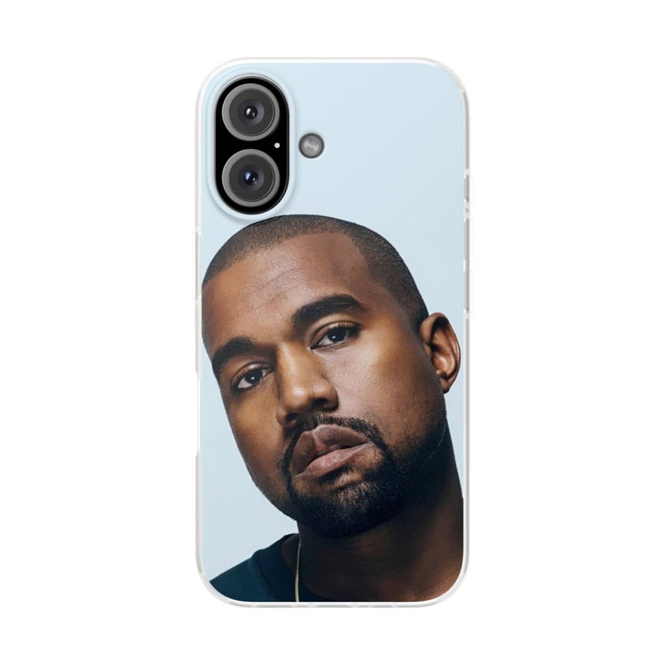 Kanye West merchandise on phone case featuring a close-up image of Kanye West with a serious expression.