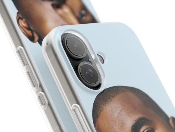 Iphone with Kanye West Merch design, close-up, high resolution image, trendy and stylish merchandise showing modern tech and streetwear fusion.