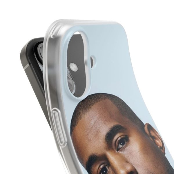 Kanye West merch phone case featuring a close-up image of his face printed on a light blue background. The design showcases high-quality printing and a sleek finish, perfect for fans of Kanye West.