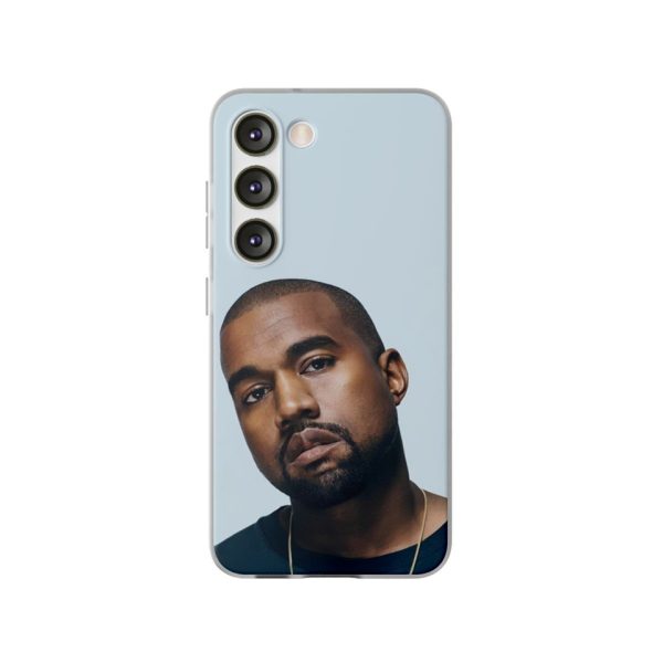 Kanye West merch phone case featuring a close-up portrait of Kanye West on a sleek, modern design with triple camera holes.