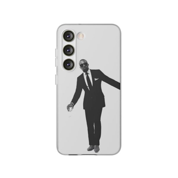 Stylish Kanye West themed phone case featuring a monochrome image of Kanye in a suit with sunglasses. Perfect for fans to showcase their admiration for Kanye West's fashion and music influence.