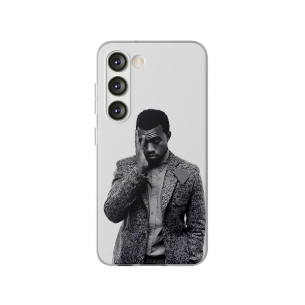 Black and white phone case featuring Kanye West with hand on face, stylish jacket, and serious expression, perfect for Kanye West merchandise fans.