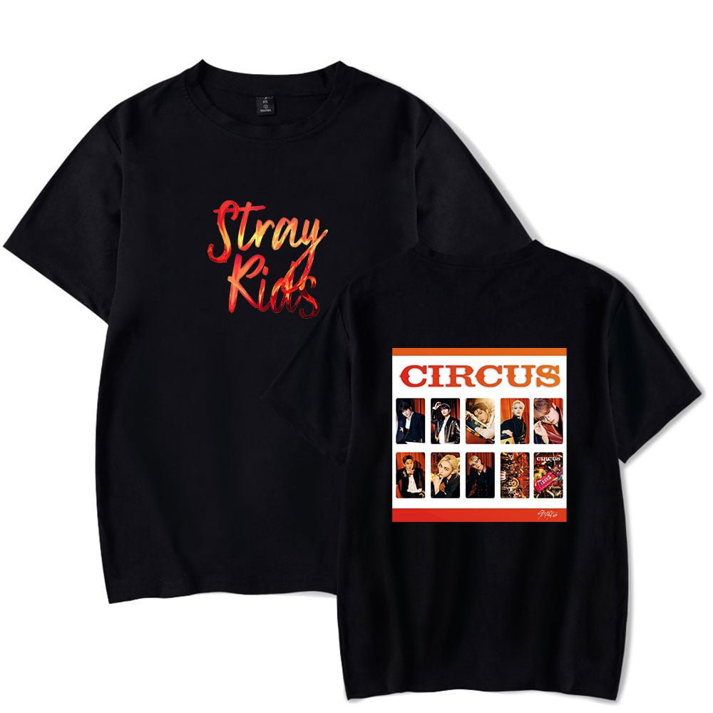 "Stray Kids" graphic T-shirt featuring images of the K-pop group, perfect for fans of Kanye West merchandise and streetwear style. Comfortable, stylish, and ideal for showcasing music fandom.