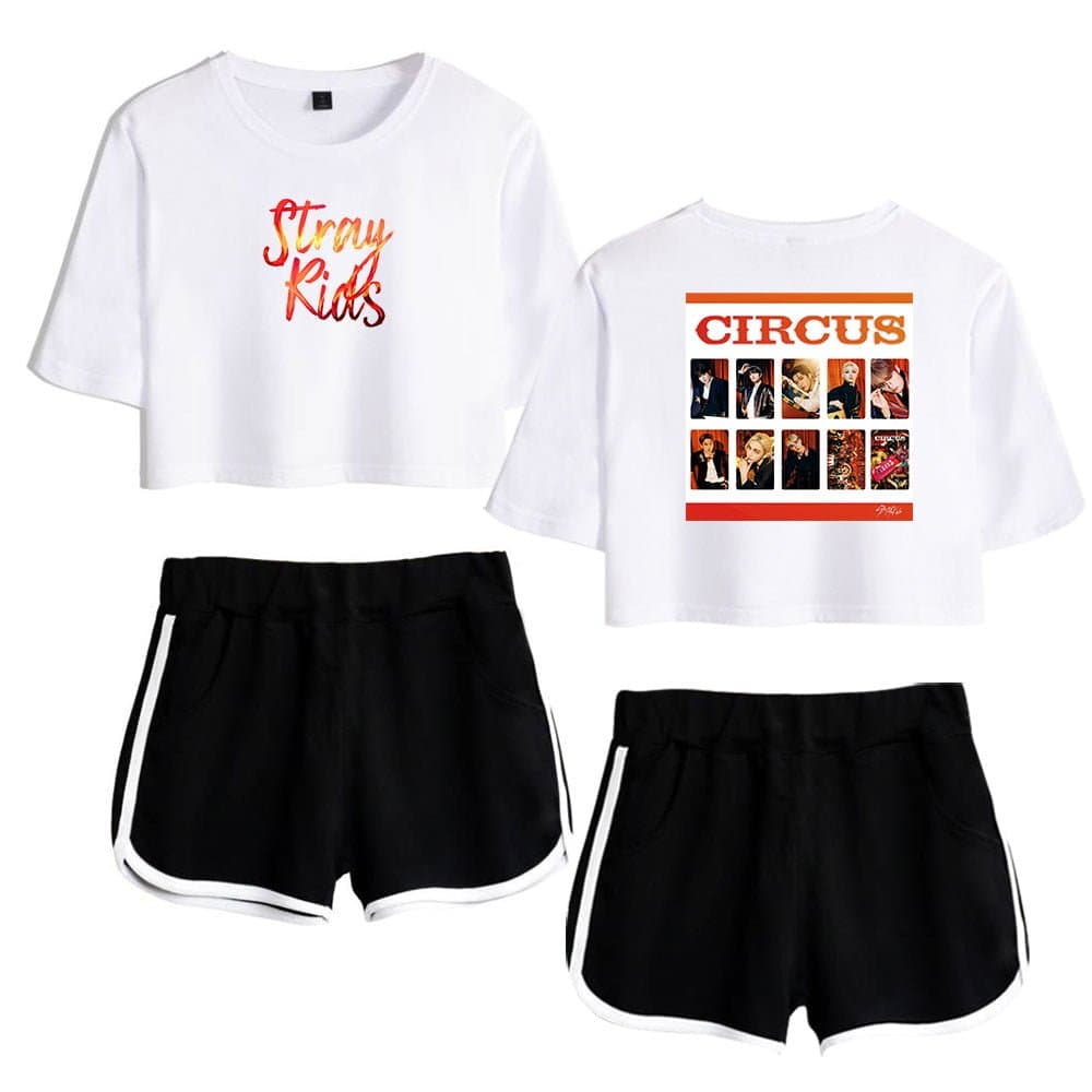 Stray Kids graphic crop top and Circus photo print t-shirt with black athletic shorts. Stylish Kanye West merchandise featuring trendy designs inspired by popular music groups.