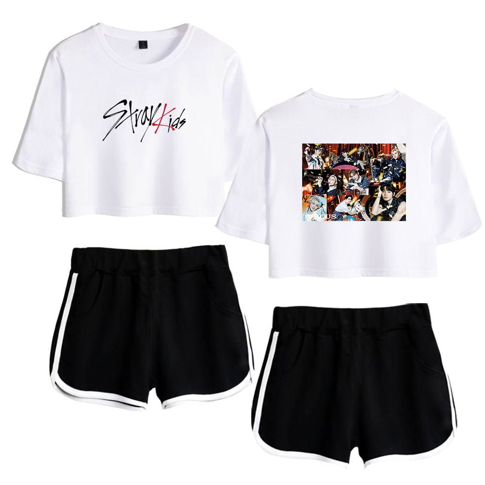 Silk/kids black and white shorts with graphic t-shirts for Kanye West merch collection.