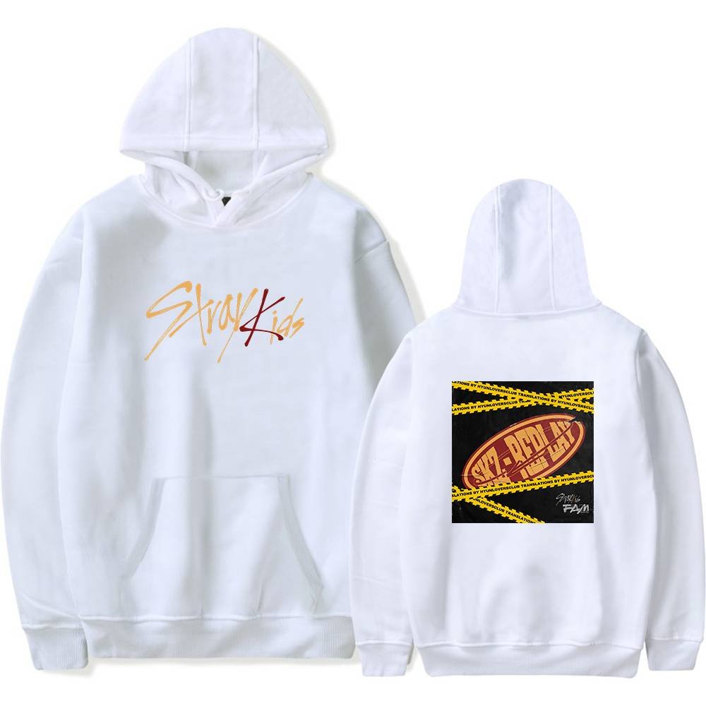 White hoodie featuring "Study Kids" text on front and a yellow caution tape design on the back with "Sky-Radio" logo, perfect for Kanye West fans.