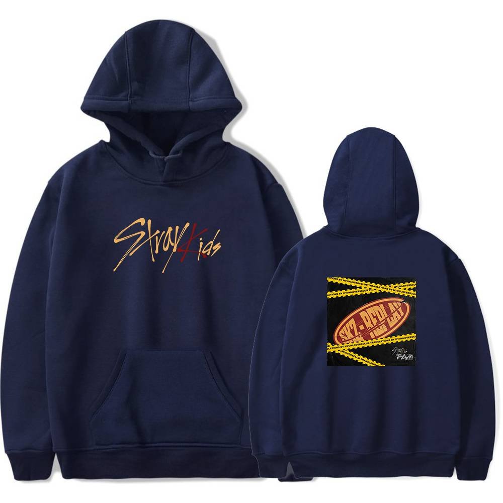 Kanye West merch hoodie with Stray Kids graphic design in navy blue.