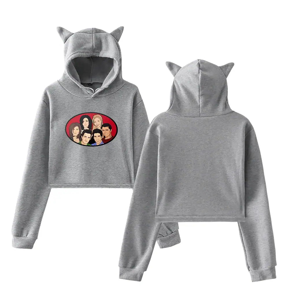 Comfy grey hoodie with cartoon characters and cat ears on the hood, perfect for Kanye West merchandise fans.