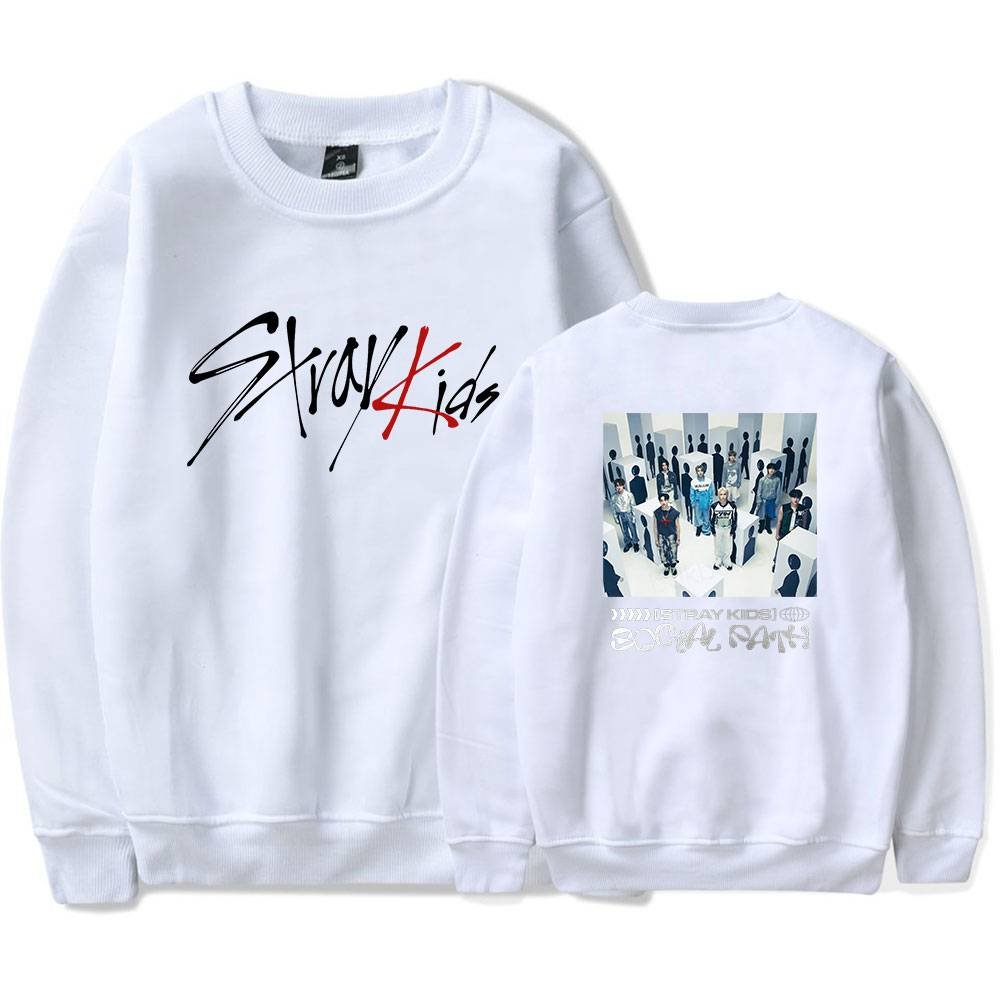 Kanye West Merch sweatshirt featuring the "Stray Kids" logo and group photo design. Perfect for fans of Kanye West and Stray Kids, blending streetwear style with pop culture. High-quality fabric, comfortable fit, and bold graphics.