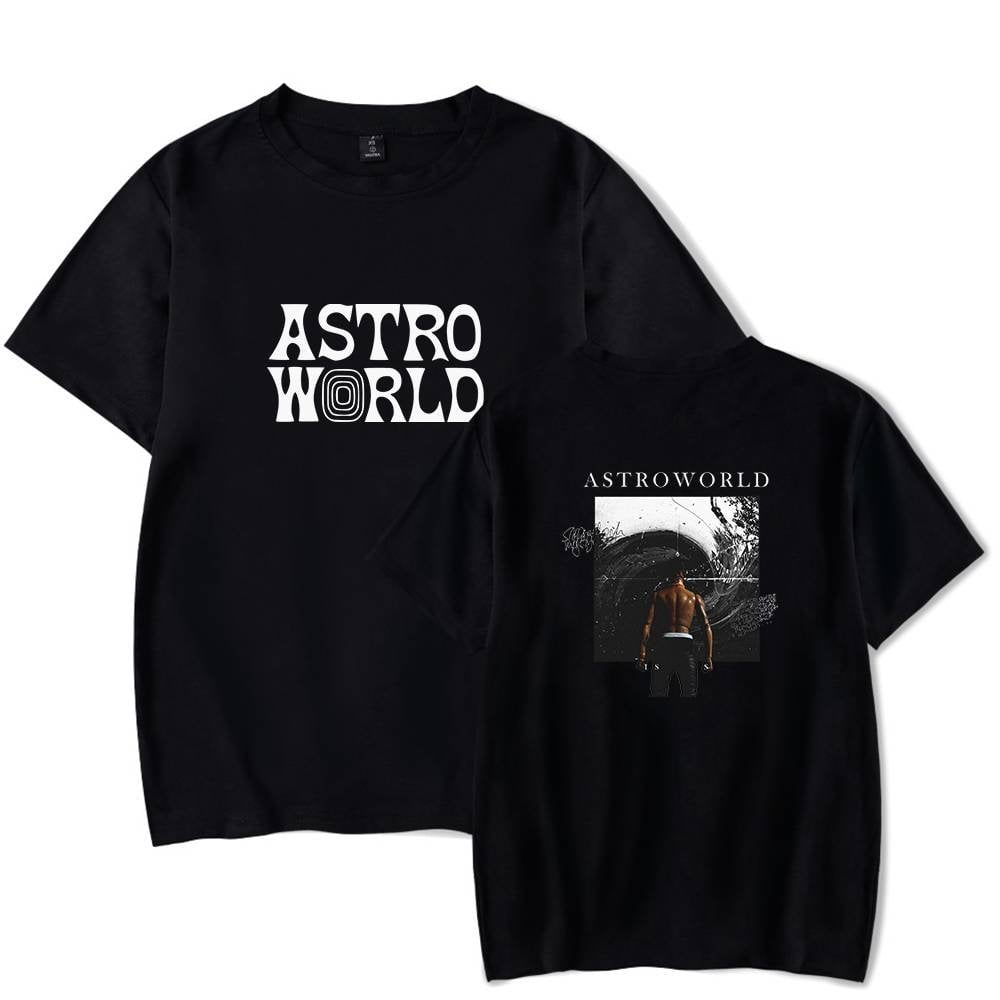 Astro World black graphic t-shirts with album artwork and bold text displaying Kanye West's merchandise.