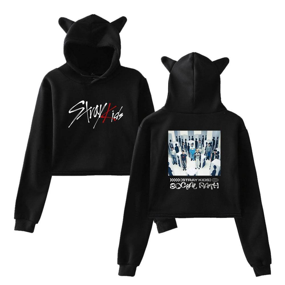 Black hoodie with "Stray Kids" logo and graphic print, featuring animal ears on the hood, streetwear style, perfect for fans of Kanye West merchandise and K-pop groups.