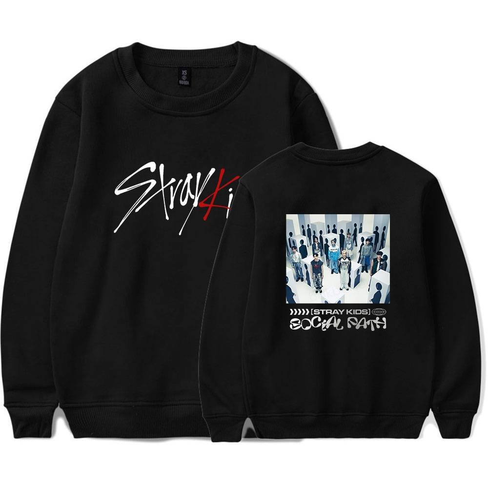 Black sweatshirt featuring "Stray Kids" logo on the front and a graphic of a group of people on the back, representing exclusive Kanye West merchandise inspired by Stray Kids.
