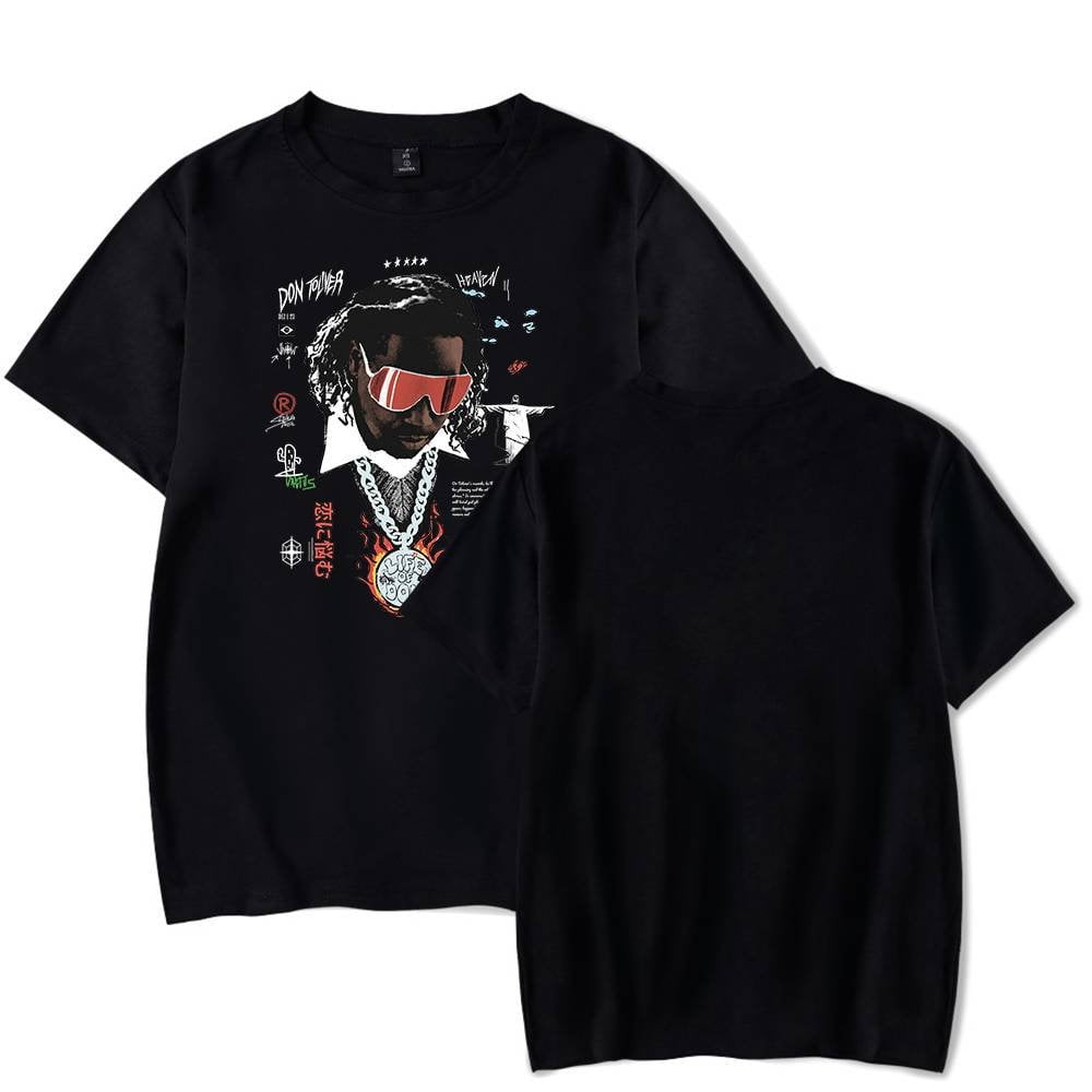 Kanye West merch graphic t-shirt featuring a bold illustrated portrait of the artist with unique design details and vibrant colors, perfect for fans of streetwear and hip-hop fashion.