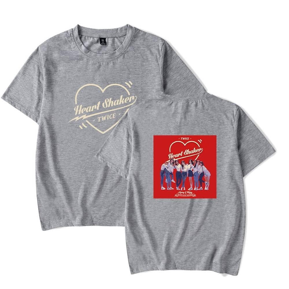 Heart Shaker TWICE gray graphic t-shirts, officially licensed Kany West merch, featuring TWICE's Heart Shaker design, perfect for fans of Kanye West merchandise and K-pop collaborations.