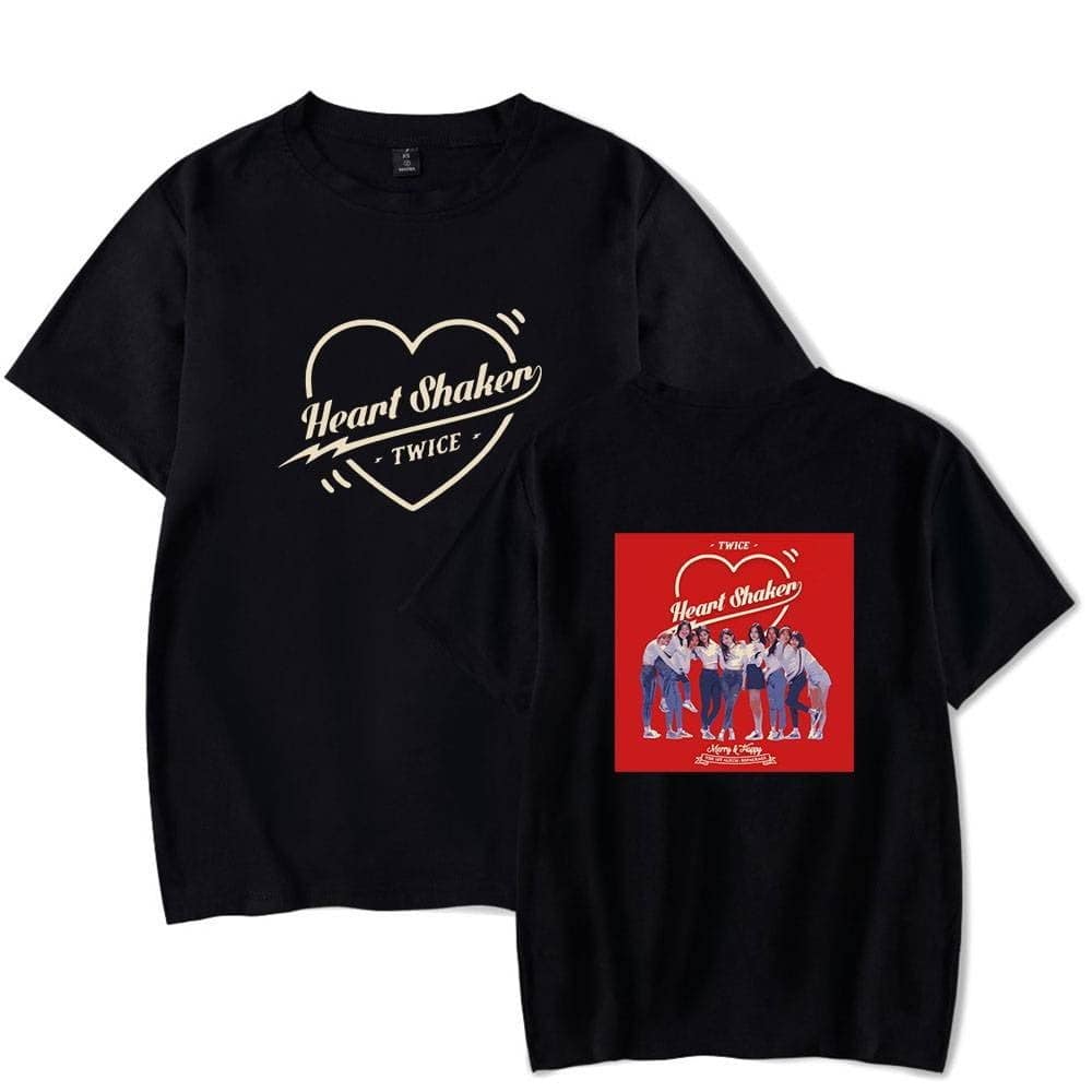 Heart Shaker TWICE black and red graphic T-shirts for Kanye West merch collection. Stylish casual wear featuring TWICE girl group design and bold text. Perfect for K-pop fans and street style enthusiasts.