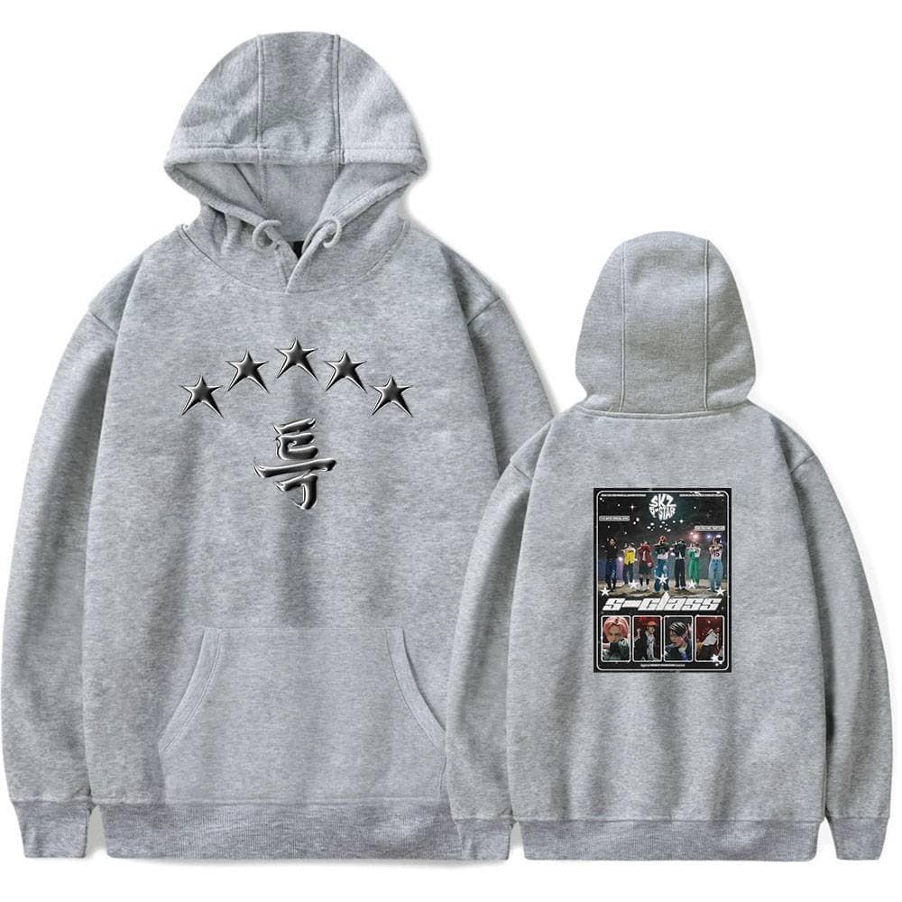 Premium grey hoodie featuring Kanye West merchandise with star and Asian character designs, perfect for fans.