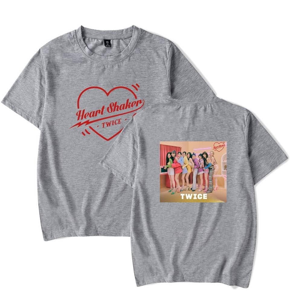 Heart Shaker TWICE T-shirt, Korean girl group merchandise, casual grey tee with TWICE logo and album cover print, perfect for K-pop fans and collectors of celebrity-inspired apparel.