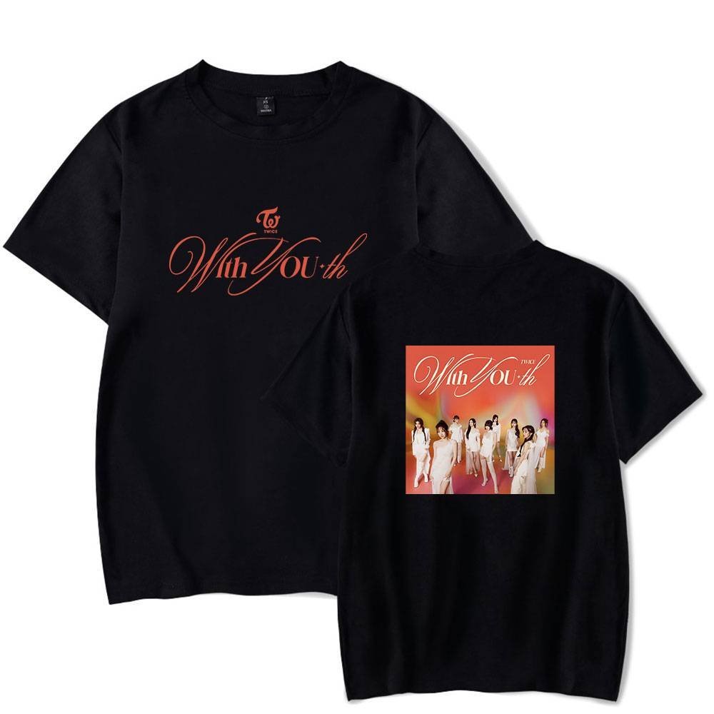 Twice with you shirt, black, K-pop girl group merchandise, TWICE album merchandise, stylish fan apparel with album cover design, high-quality cotton T-shirt featuring TWICE's "With You" album cover and logo, perfect for fans of the group and collectors of K-pop merchandise, comfortable fit and trending design, ideal for casual wear or concert outings.