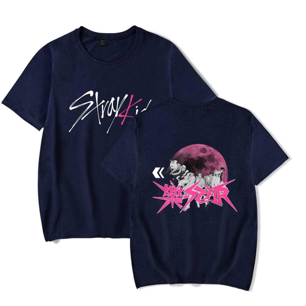 Stray Kids graphic t-shirts featuring bold text and vibrant moon-themed designs, perfect for Kanye West merch fans.