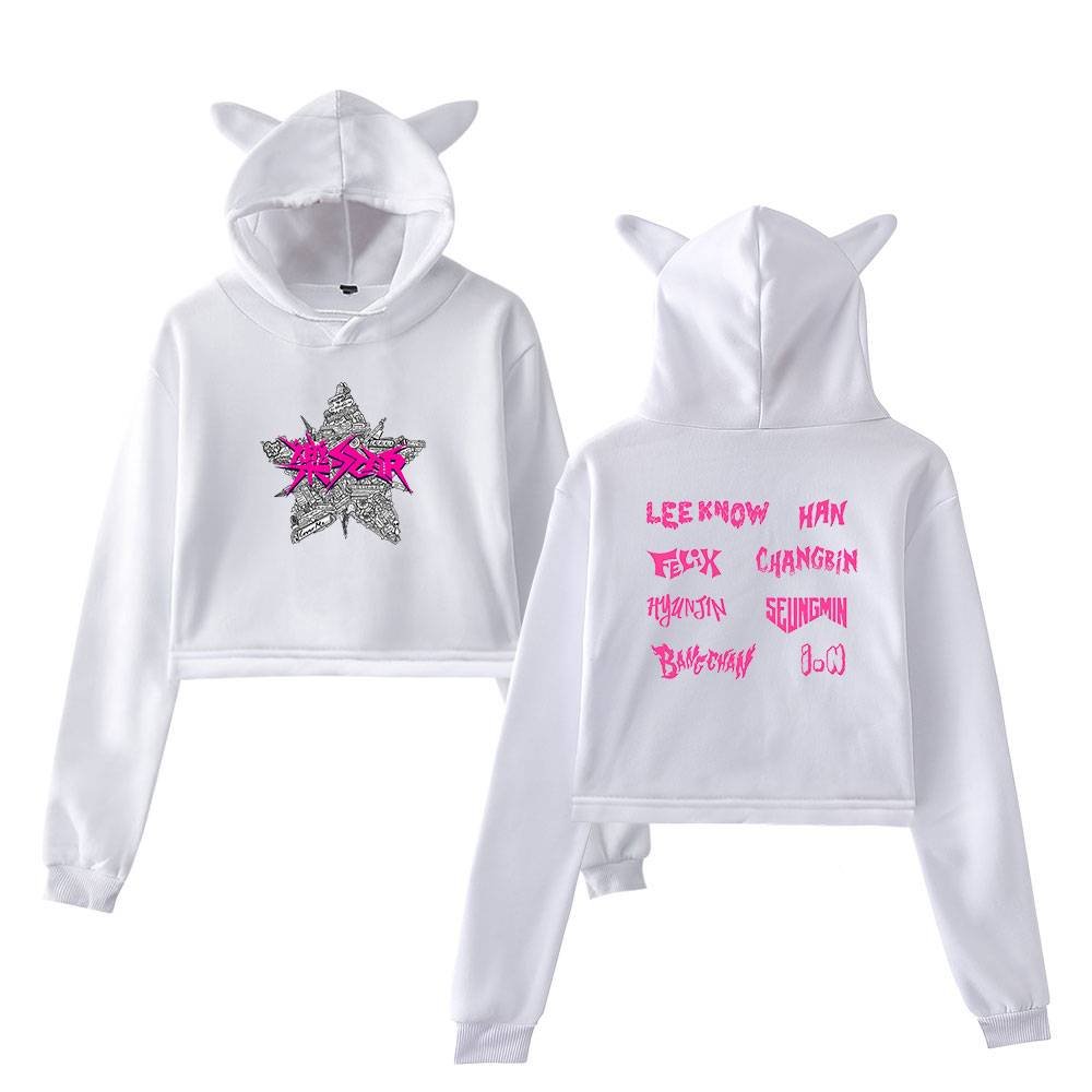 White Kanye West hoodie with animal ears and graffiti-style graphics, featuring bold pink and black text; a trendy and unique piece of Kanye West merchandise.