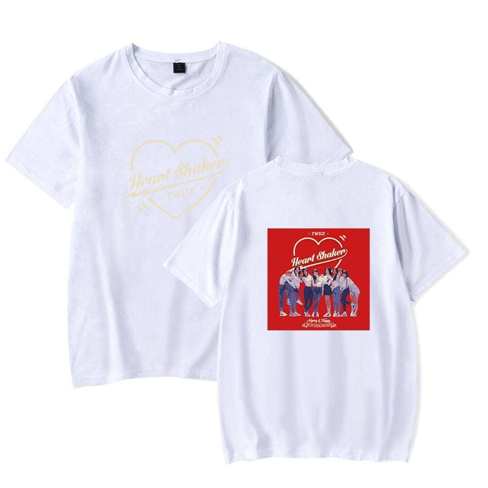 Heart Shaker TWICE T-shirt with album artwork and logo, casual white cotton tee featuring TWICE's Heart Shaker design. Perfect for K-pop fans and concert merch collections.
