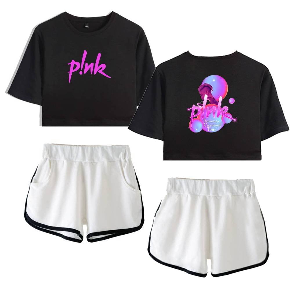 Pink summer carnival tour themed crop top and shorts set featuring vibrant graphic design and comfortable fit, perfect for stylish summer casual wear.