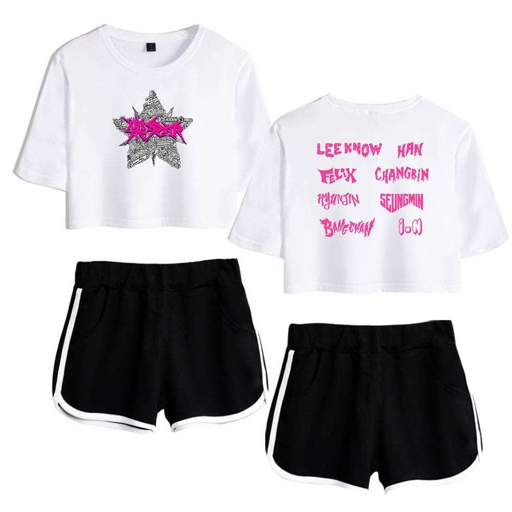 Kanye West merch crop top and shorts set with graphic designs and text in pink and black, perfect for streetwear fashion.