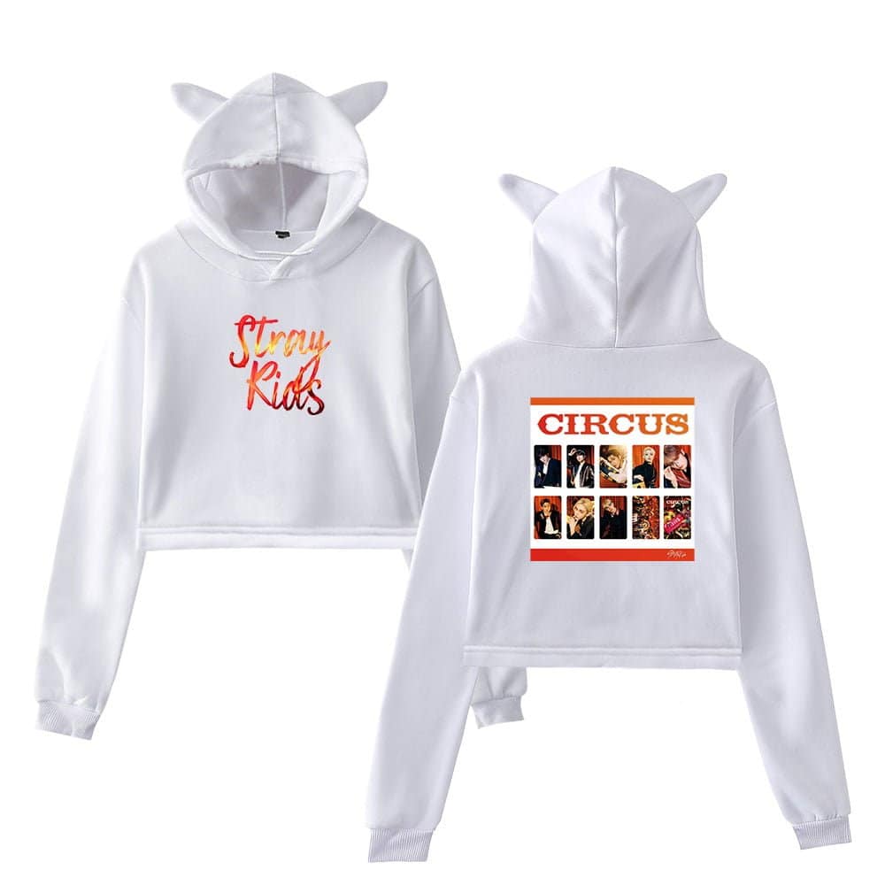 Kanye West merch hoodie with lion ears and "Stray Kids" embroidered on the front, featuring a circus-themed back print with photos of the K-pop group.
