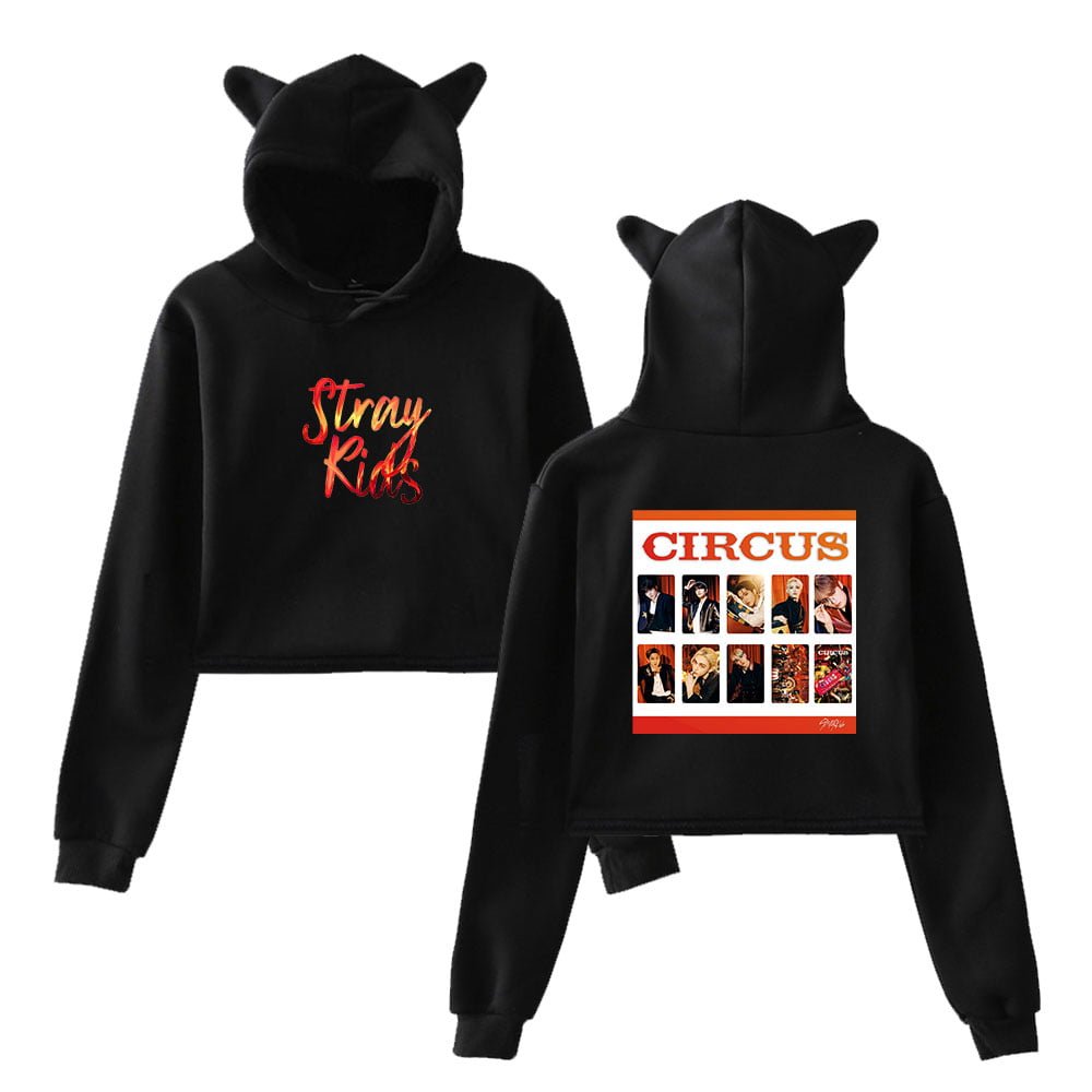Hoodie with "Stray Kids" embroidered text and a "CIRCUS" themed graphic on the back, featuring images of the K-pop group, perfect for Kanye West merchandise fans looking for trendy streetwear.