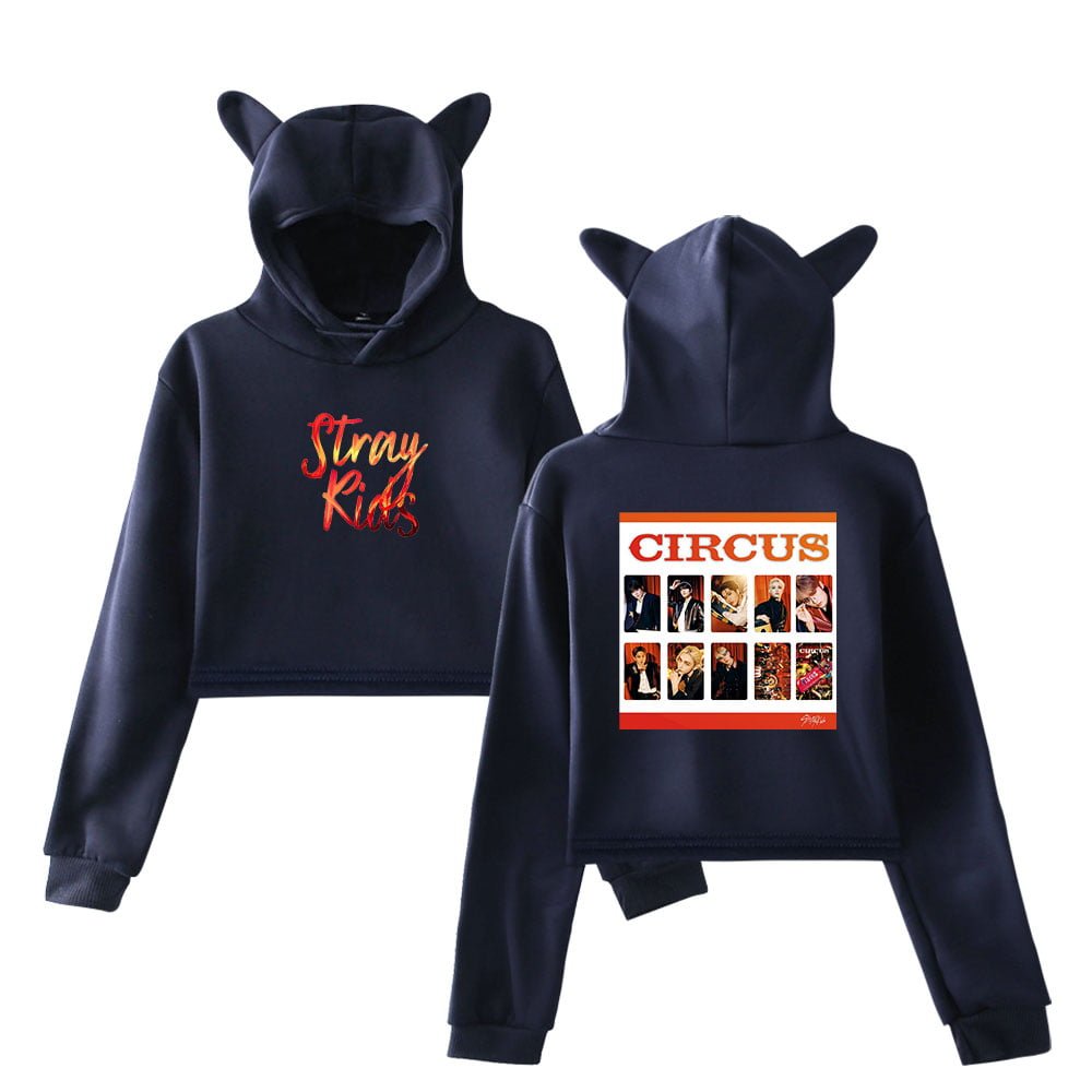 Stray Kids hoodie with "Stray Kids" text on front and colorful concert poster on back, featuring members and "CIRCUS" title, designed for Kanye West merchandise fans.