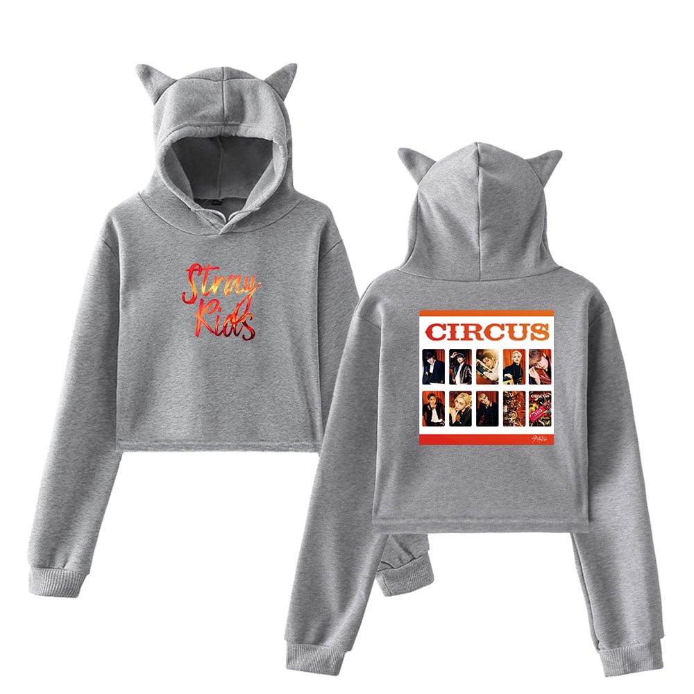 Gray hoodie with "Stray Kids" text and circus-themed graphic design, includes animal ears and cozy jogger pants set.