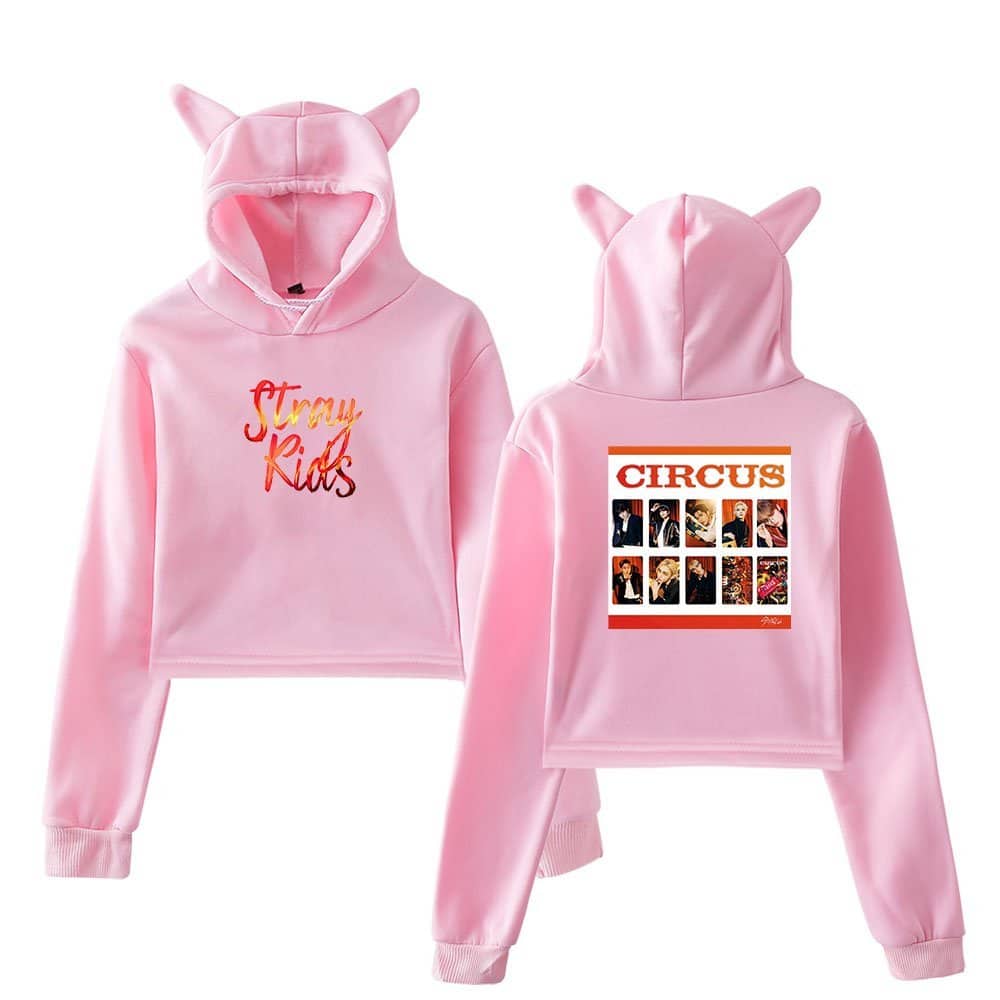 Pink hoodie with "Stray Kids" text and a clown-themed graphic on the back, designed with playful, vibrant elements inspired by Kanye West merchandise style.