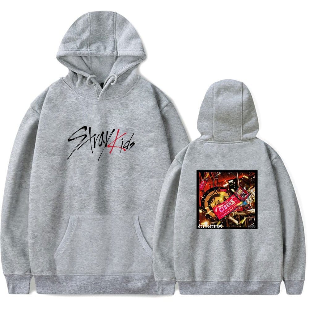 Stay Kids hooded sweatshirt with circus-themed graphic print on the back.