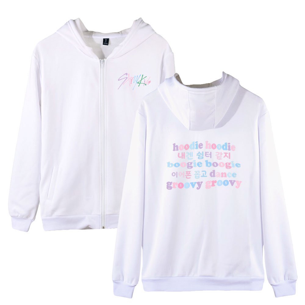 Sweatshirt with colorful "SWISH" logo on the front and pastel "hoodie hoodie" text design on the back, casual and trendy Kanye West merchandise.